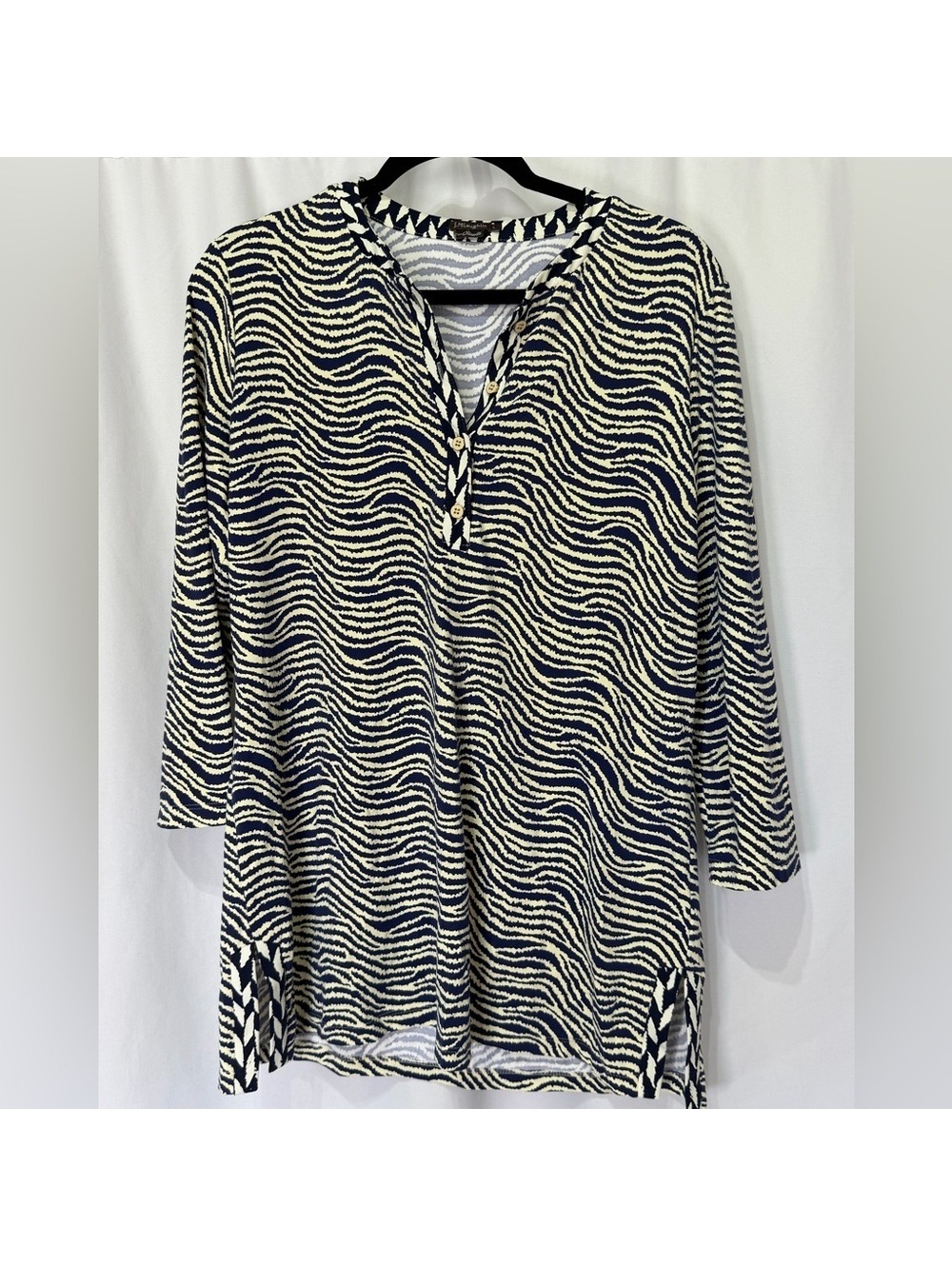 J McLaughlin Navy and cream Zebra Print Women's tunic top